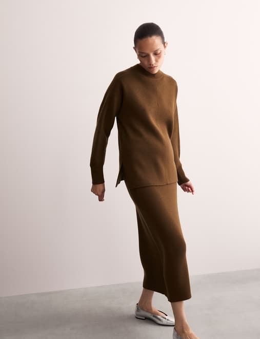 Pure Merino Wool Ribbed Funnel Neck Jumper