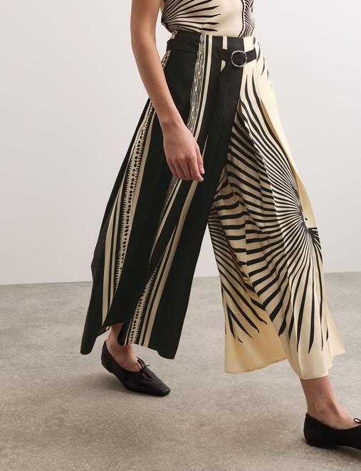 Fan Print Belted Wide Leg Culottes