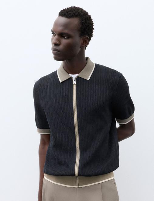 Pure Cotton Linear Stitch Zip Knitted Polo