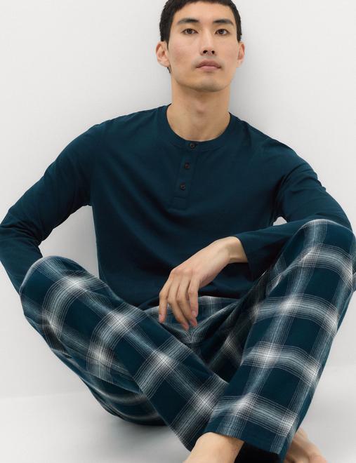 Pure Cotton Brushed Henley Checked Pyjama Set