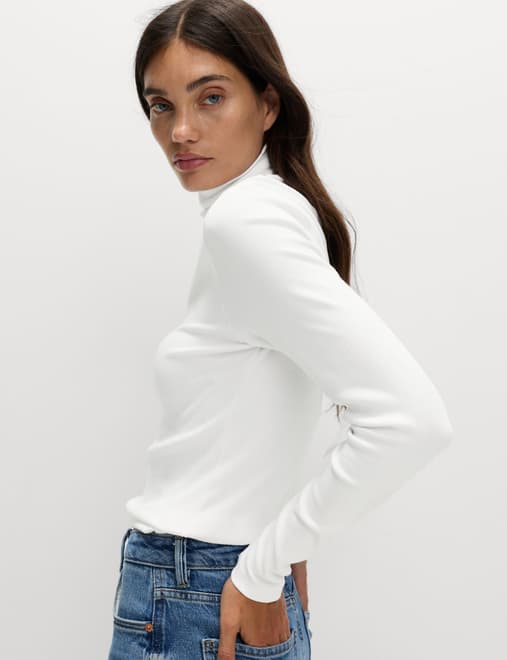 Cotton Rich Ribbed Funnel Neck Top