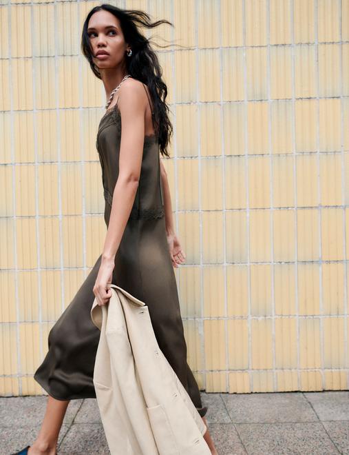 Satin Lace Insert V-Neck Midaxi Slip Dress