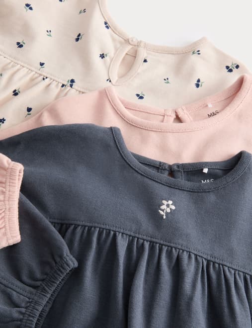 3pk Pure Cotton Ditsy and Plain Tops (0-3 Yrs)