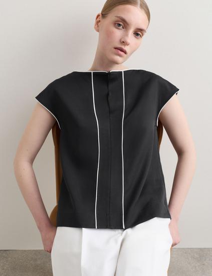 Satin Back Top Contrast Trim with Linen
