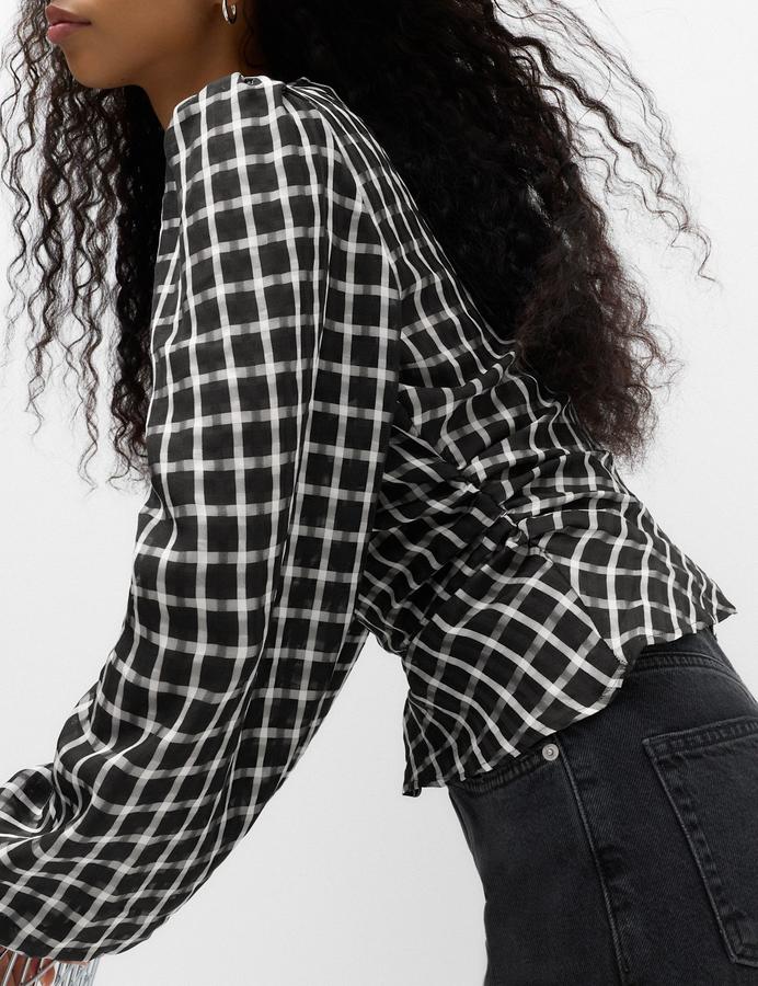 Checked Gathered Waisted Blouson Sleeve Blouse
