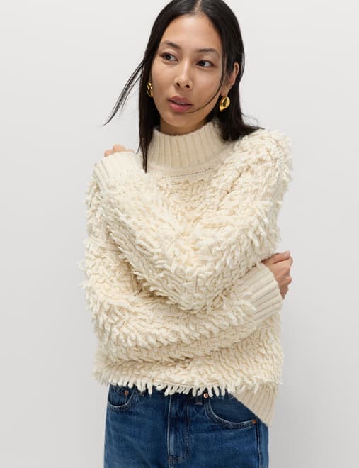 Cold-Yarn Textured Funnel Neck Relaxed Jumper