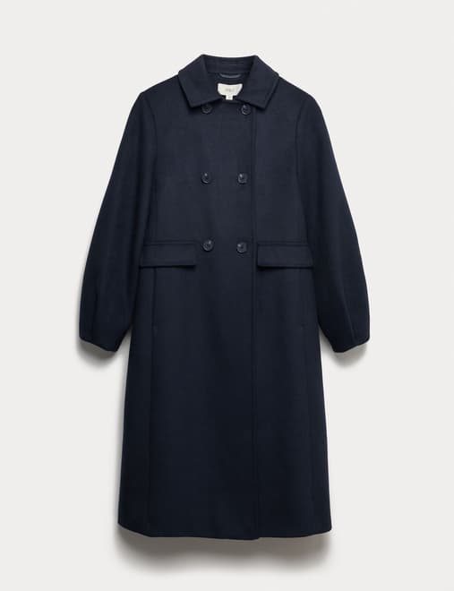 Wool Blend Volume Sleeve Double Breasted Midi Coat