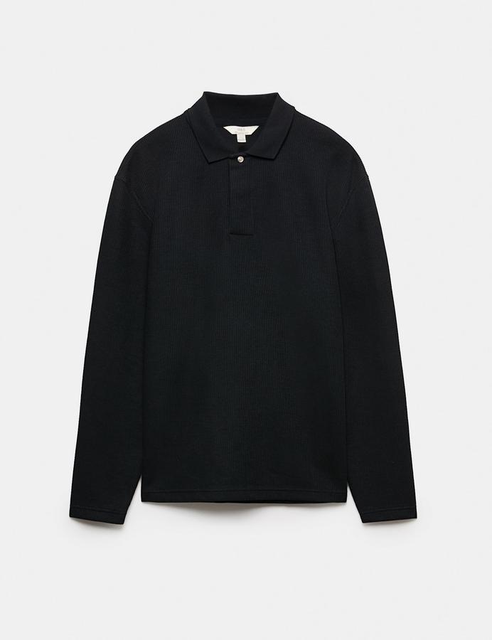 Cotton Blend Ribbed Long Sleeve Polo Shirt