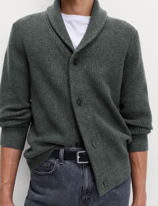 Air-Yarn Waffle Knit Shawl Neck Cardigan