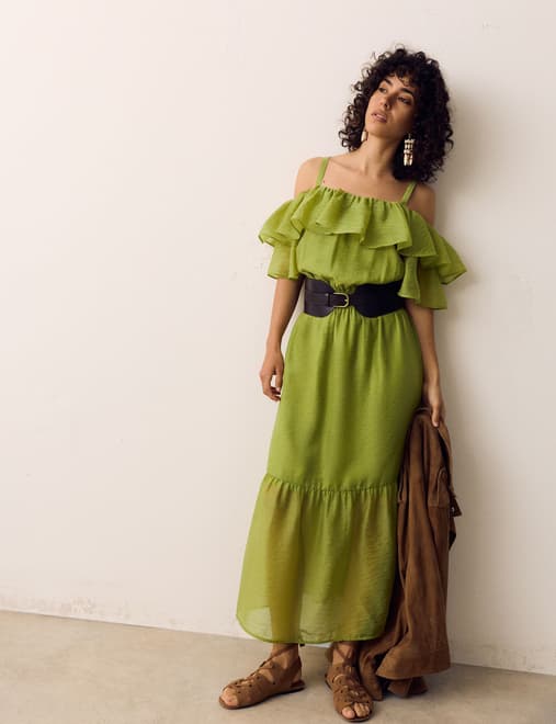 Frill Detail Strappy Midaxi Tiered Dress