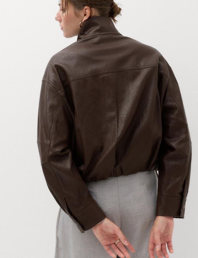 Faux Leather Checked Funnel Neck Bomber Jacket