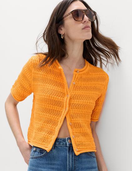 Cotton Blend Textured Cropped Cardigan