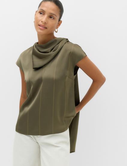 Satin Striped Cowl Neck Scarf Detail Top