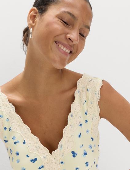 Satin Floral and Lace Midi Slip Dress