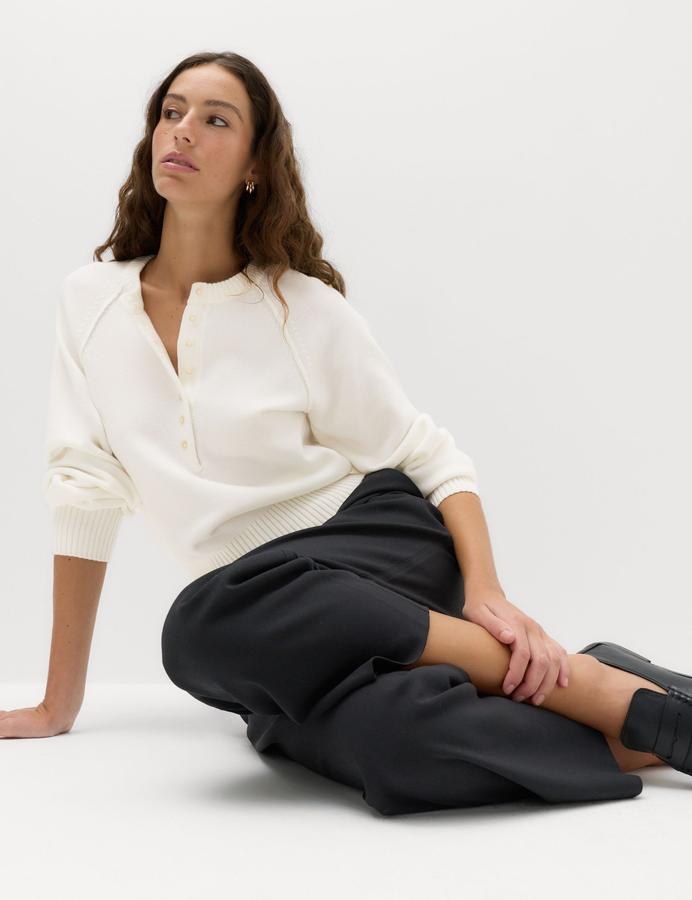 Crew Neck Button Detail Jumper with Wool