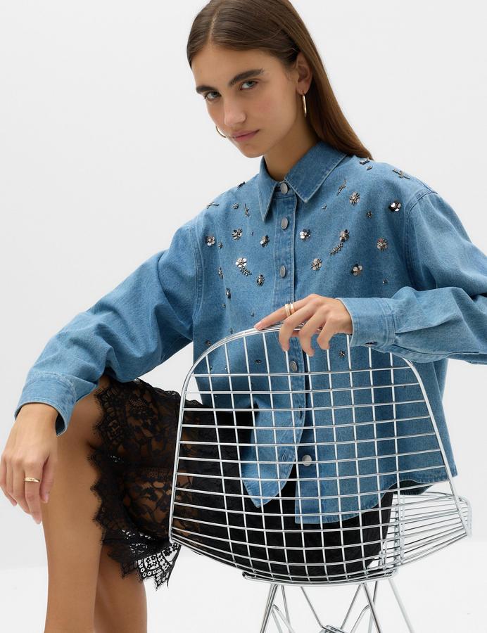 Embellished Denim Collared Shirt