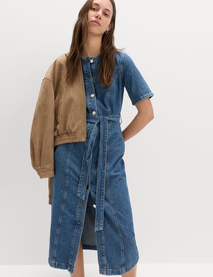 Denim Button Through Midi Waisted Dress