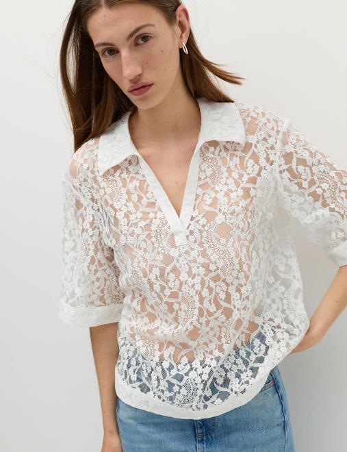 Cotton Blend Lace Collared Top