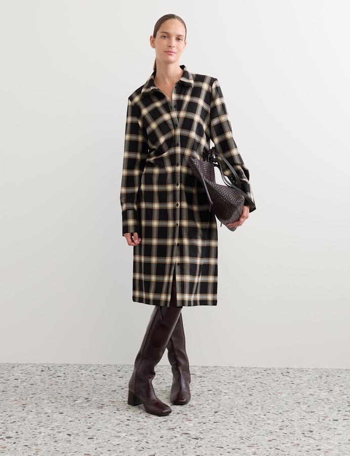 Wool Rich Checked Collared Midi Shirt Dress