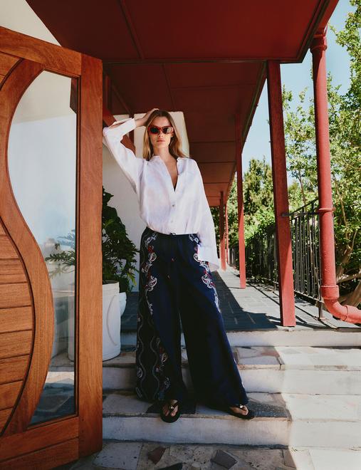 Pure Cotton Printed Drawstring Wide Leg Beach Trousers