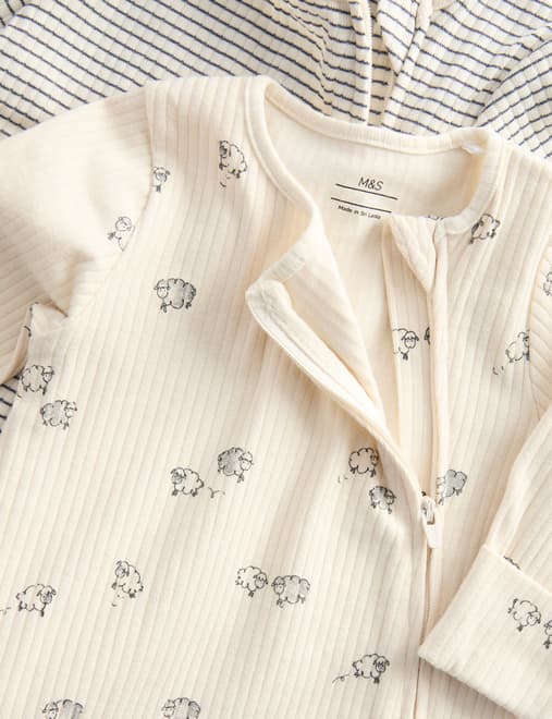 3pk Cotton Rich Sheep Ribbed Sleepsuits (6½lbs-3 Yrs)