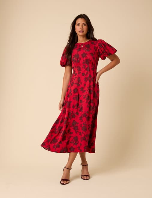 Red Puff Sleeve Quinn Midi Dress