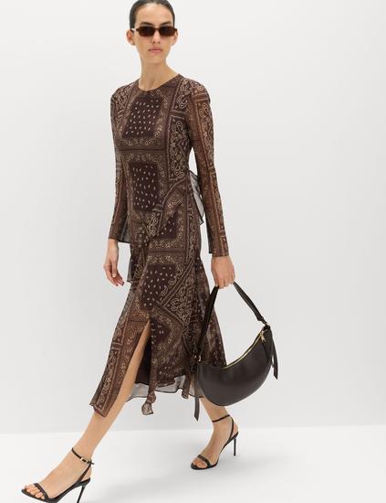 Printed Frill Detail Midi Column Dress