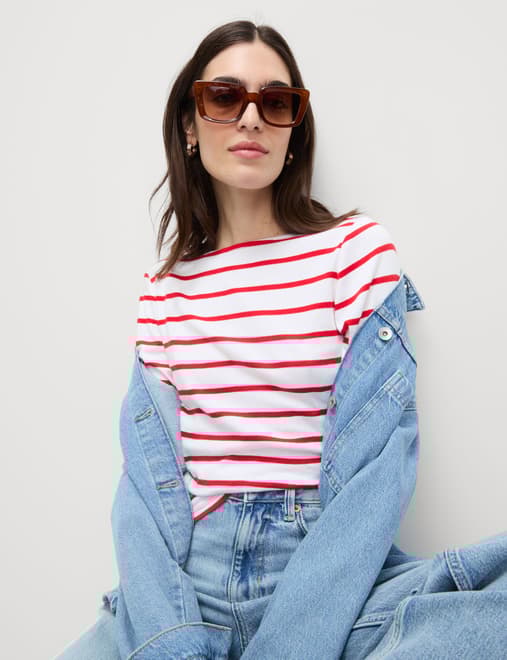 Pure Cotton Striped Slash Neck Slim Fit Top