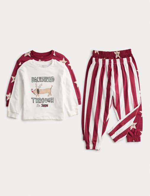 2 Pack Cotton Rich Christmas Dachshund Pyjama Sets (1-8 Yrs)