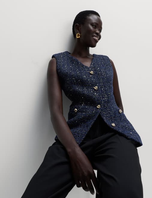 Metallic Sequin Tweed Waistcoat