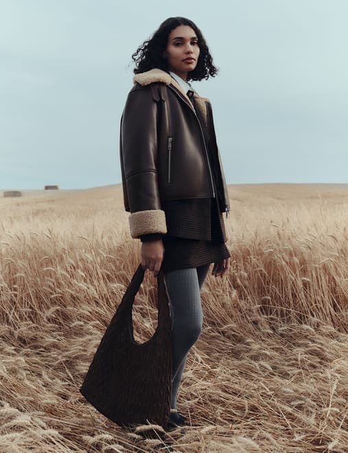 Faux Shearling Buckle Detail Aviator Jacket