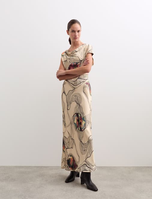 Oyster Print Cowl Neck Midaxi Column Dress
