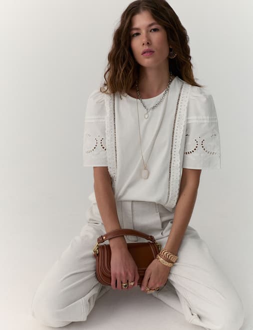 Pure Cotton Embroidered Lace Trim Top