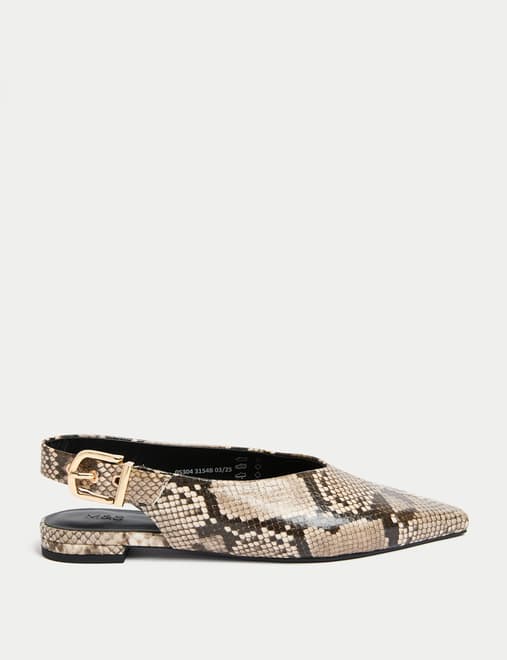 Snake Print Flat Pointed Slingback Shoes
