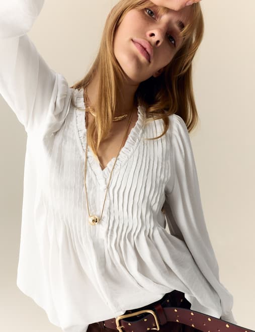 Satin V-Neck Ruffle Pleat Detail Blouse
