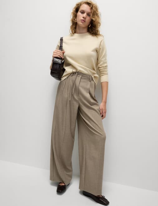 Pleat Front Drawstring Wide Leg Trousers