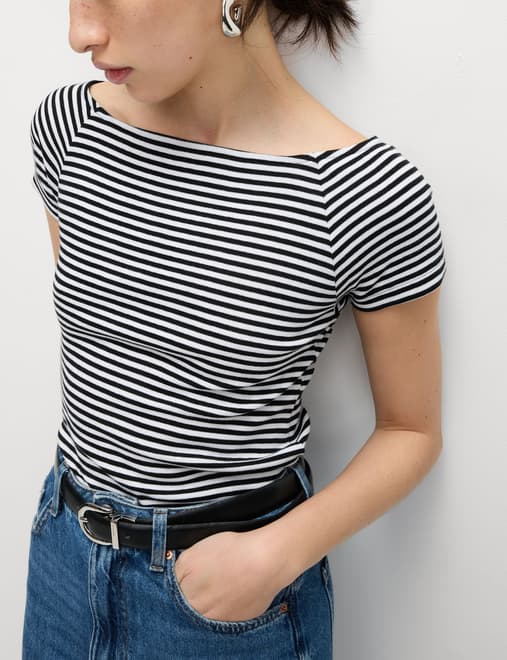 Pure Cotton Striped Off The Shoulder Top