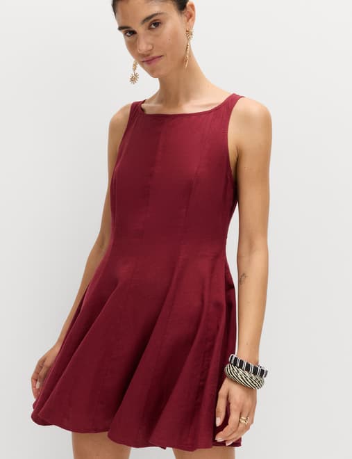 Linen Rich Waisted Mini Shift Dress