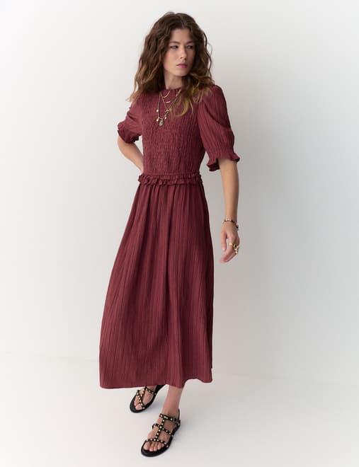 Crew Neck Ruffle Midi Dress