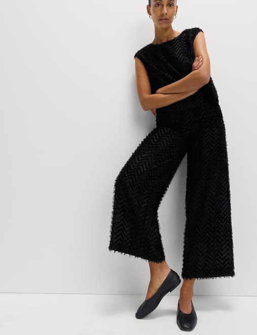 Textured Wide Leg Ankle Grazer Trousers
