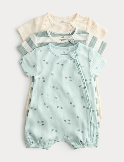 3 Pack Cotton Rich Sea Life Print Rompers (7lbs-3 Yrs)