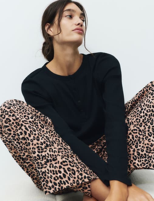 Cotton Blend Leopard Print Ribbed Pyjama Set