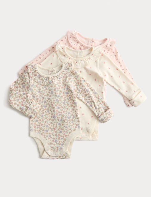 3pk Pure Cotton Floral Long Sleeve Bodysuits (0-3 Yrs)