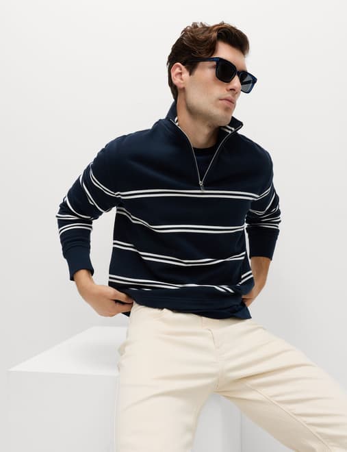 Pure Cotton Striped Half Zip Sweatshirt