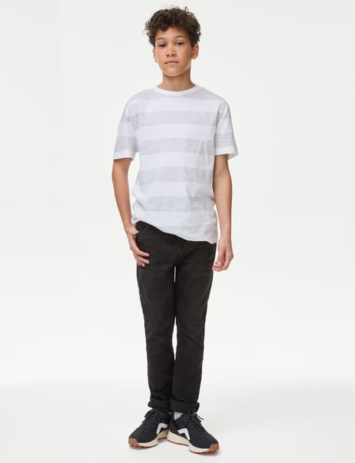 Cotton Rich Striped Ribbed Henley Short Sleeve Top, M&S Collection