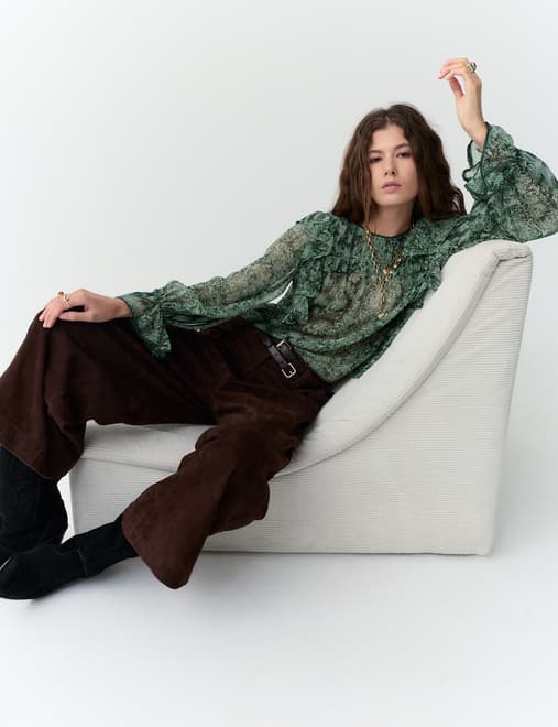 Sheer Printed Ruffle Blouse