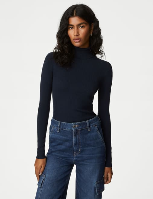 Ribbed Roll Neck Fitted Jumper