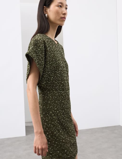 Beaded V-Neck Mini Fitted Shift Dress