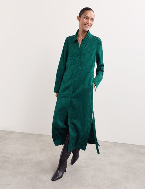 Floral Jacquard Belted Midi Shirt Dress