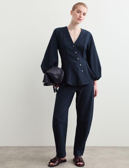 Cotton Rich Textured V-Neck Blouse